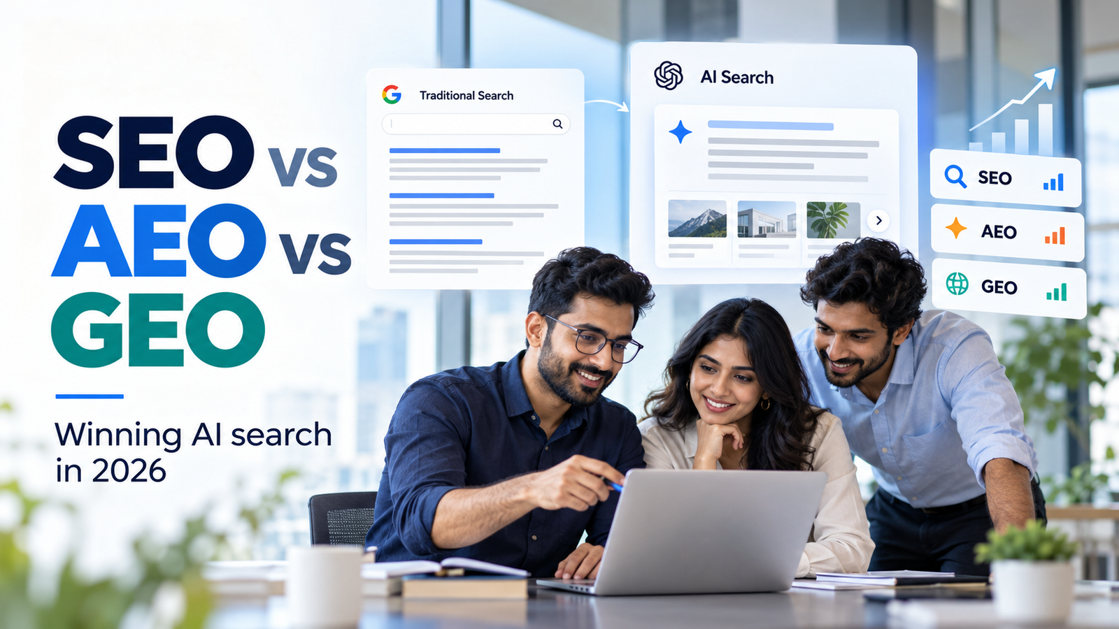 Illustration showing people checking laptop for SEO, GEO & AEO